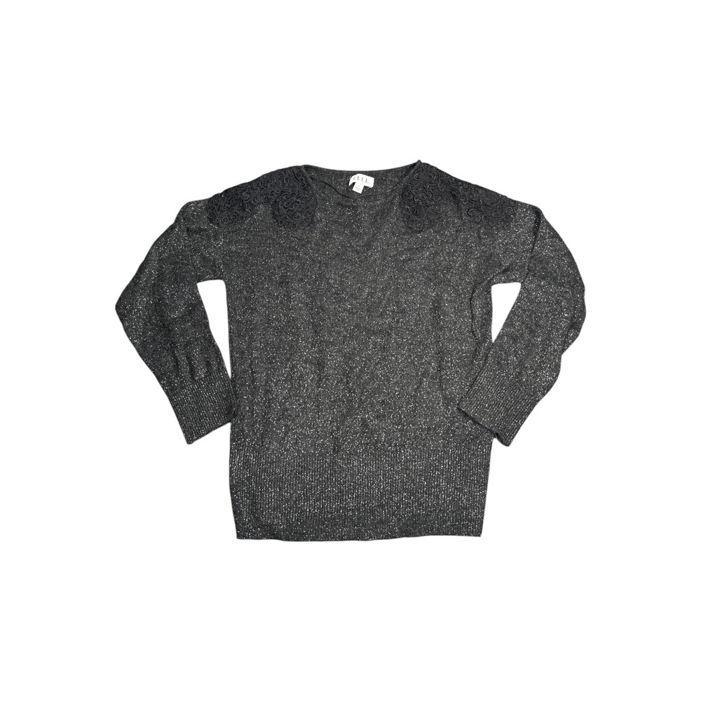 Elle Womens Gray Metallic Shimmer Lace Shoulder Knit Sweater Charcoal Silver